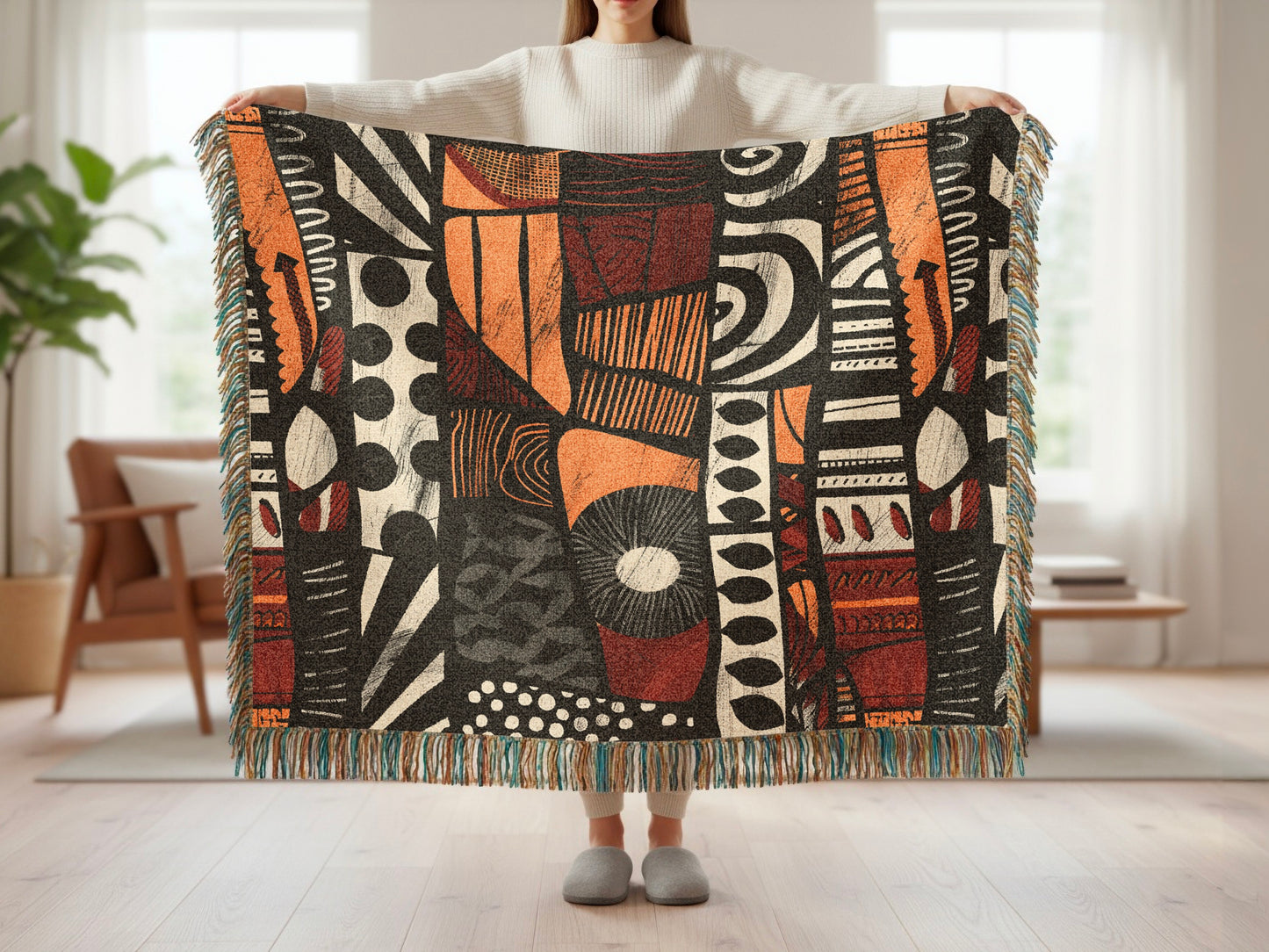 Woven blanket with abstract geometric pattern in orange, black, and cream with fringed edges.