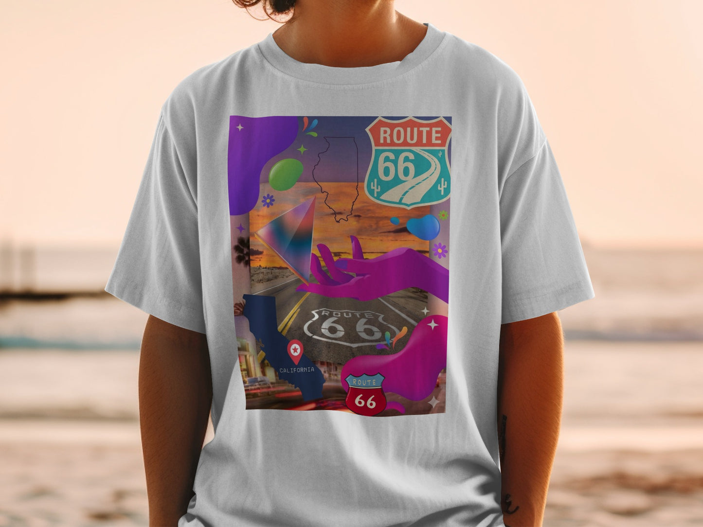 T-shirt with Route 66 collage: map, highway, hands, and abstract shapes.