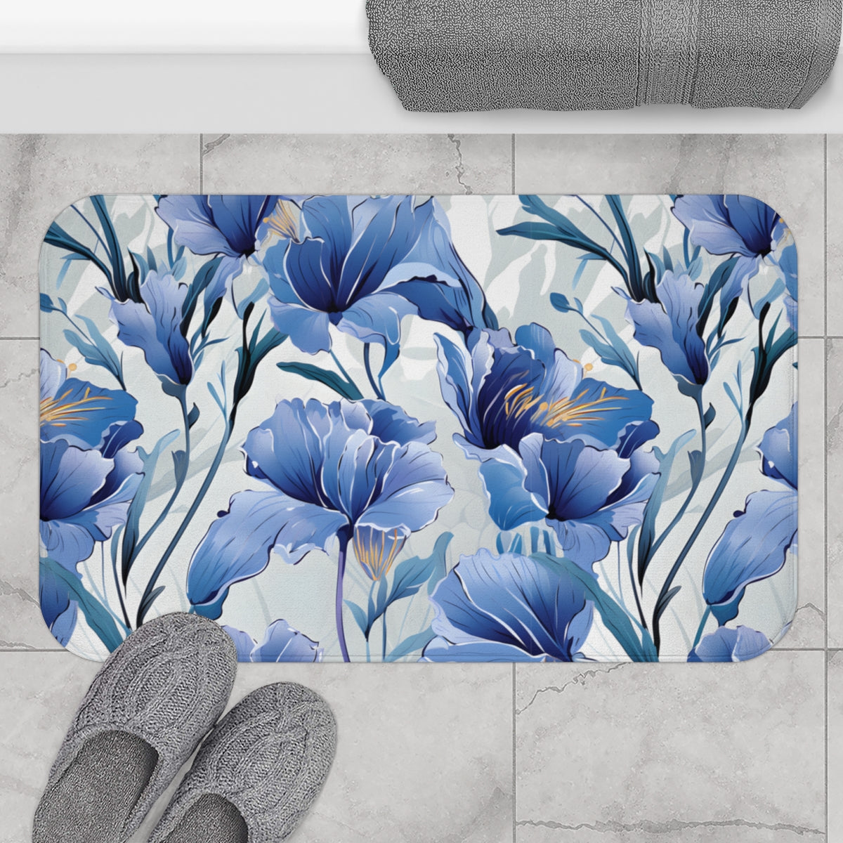 Blue Floral Patterned Bathroom Accessory Mat