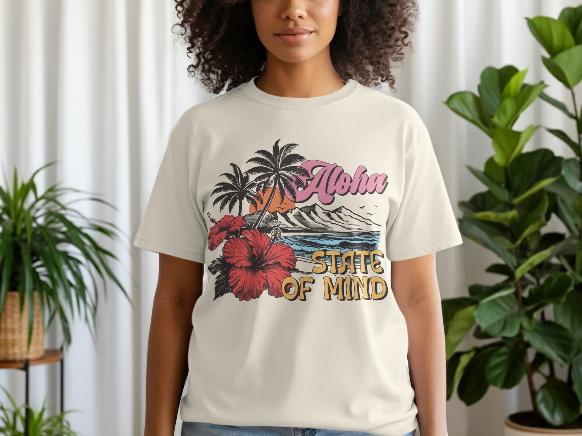 Aloha State of Mind graphic with palm trees, ocean, and hibiscus flowers.