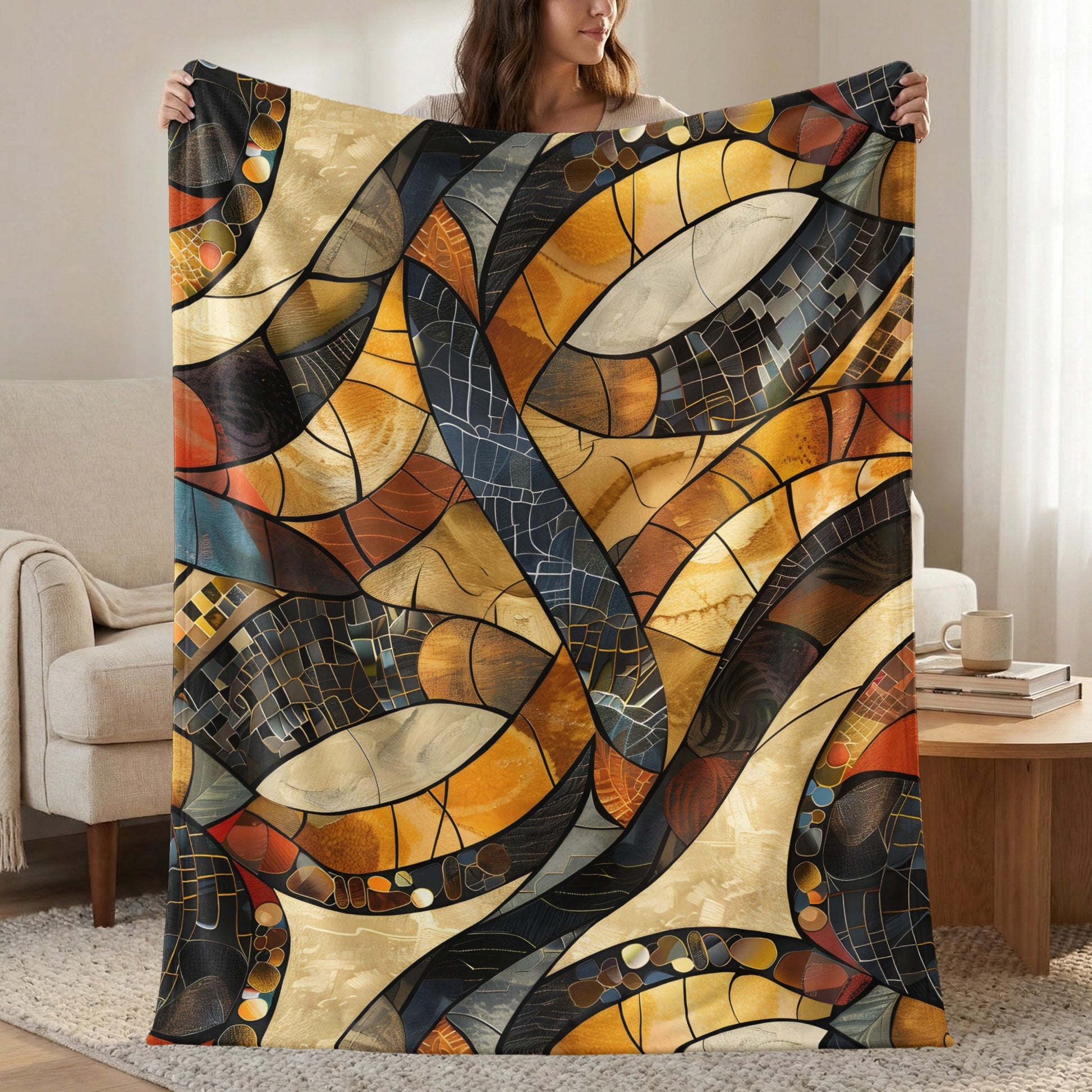 Abstract stained glass pattern blanket in warm golden yellow, brown, and dark blue tones.