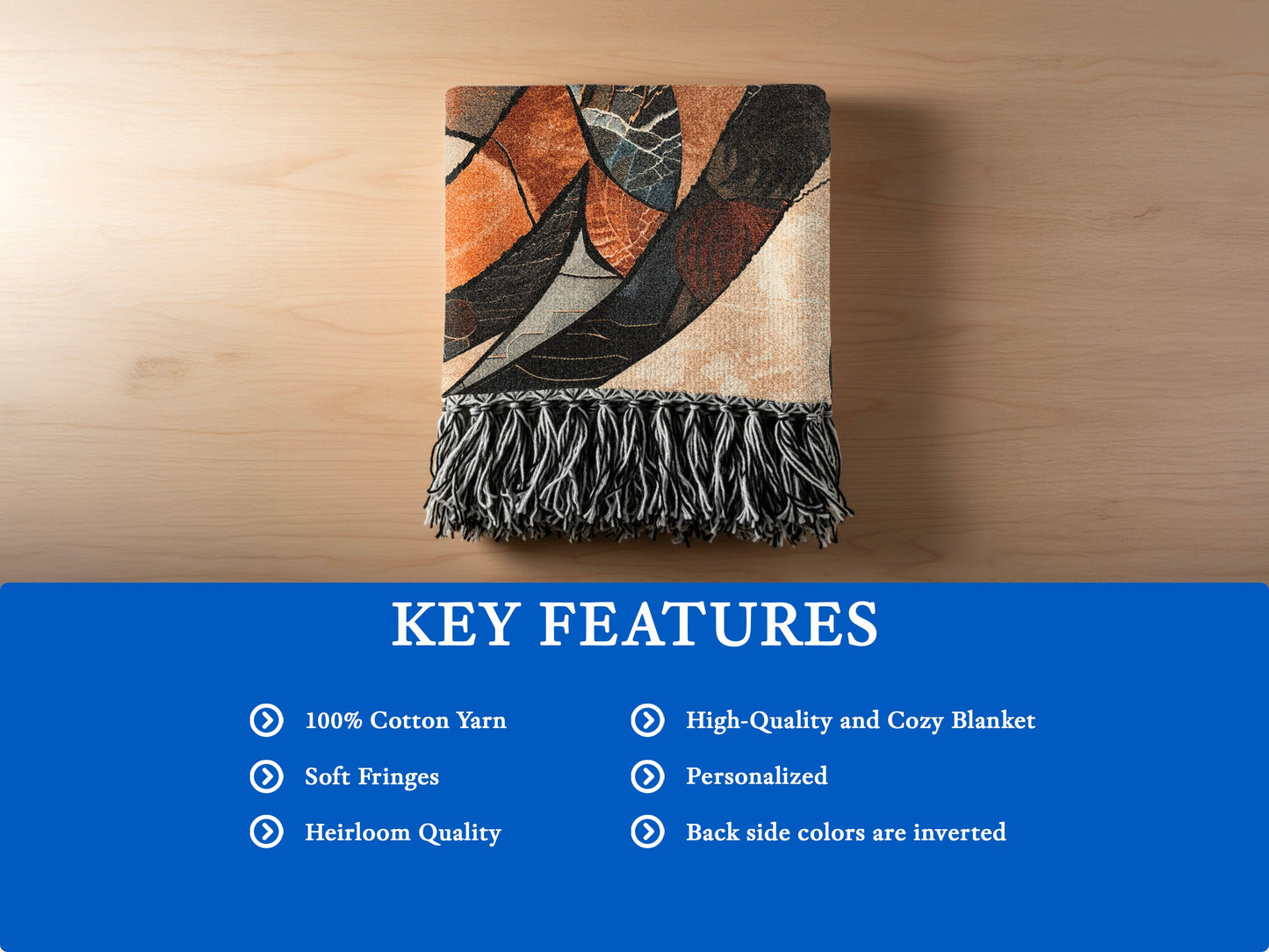 Abstract pattern woven blanket with fringes, featuring 100% cotton yarn and personalized options.