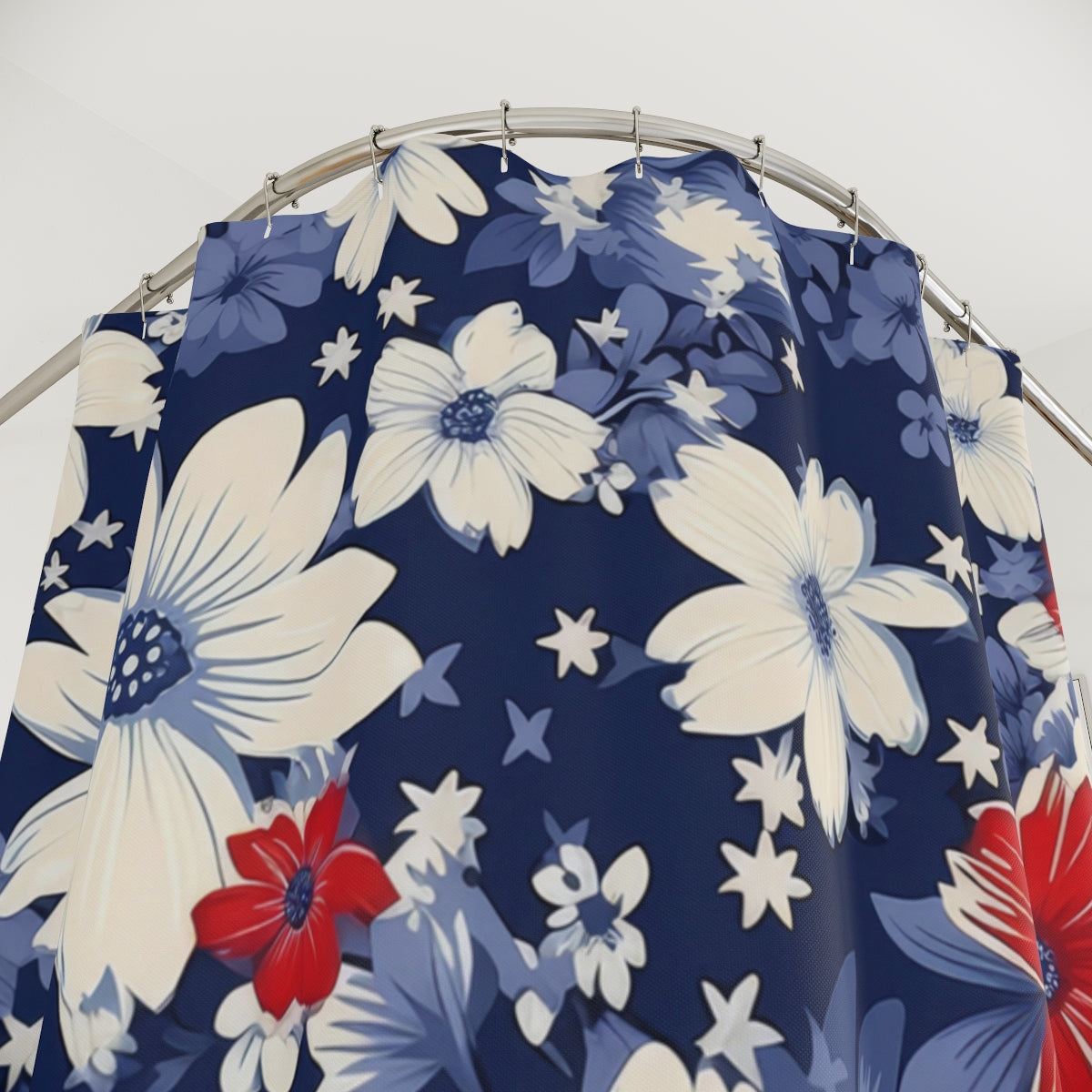 Bold Floral Print Blue White and Red Shower Curtain