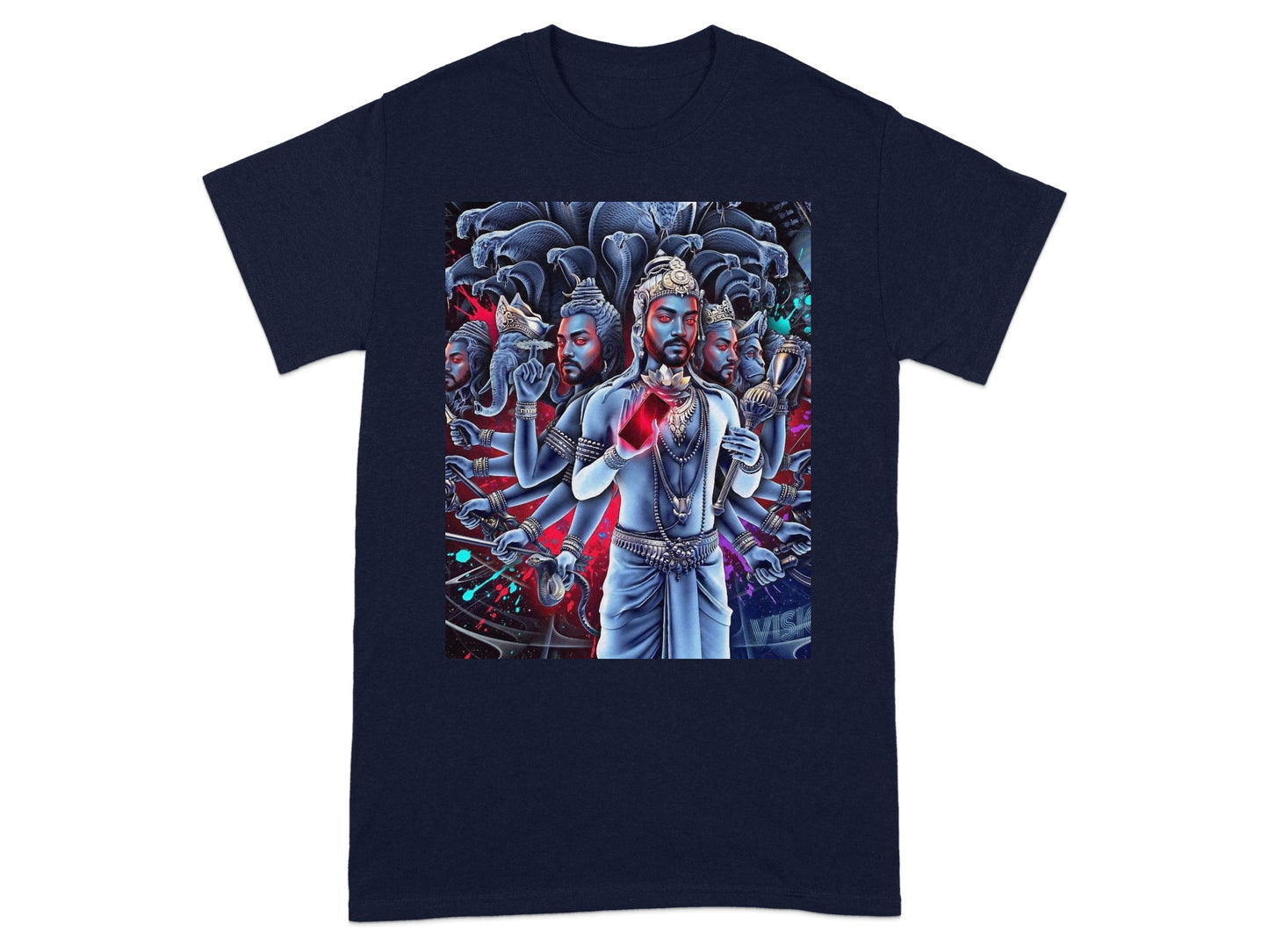 Dark navy t-shirt with vibrantly illustrated multi-armed Hindu deity Vishnu on front.