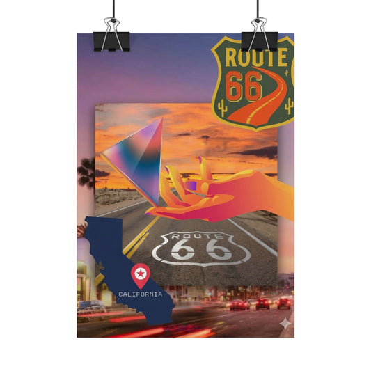 Route 66 sign, California map pin, and sunset highway landscape in graphic collage.