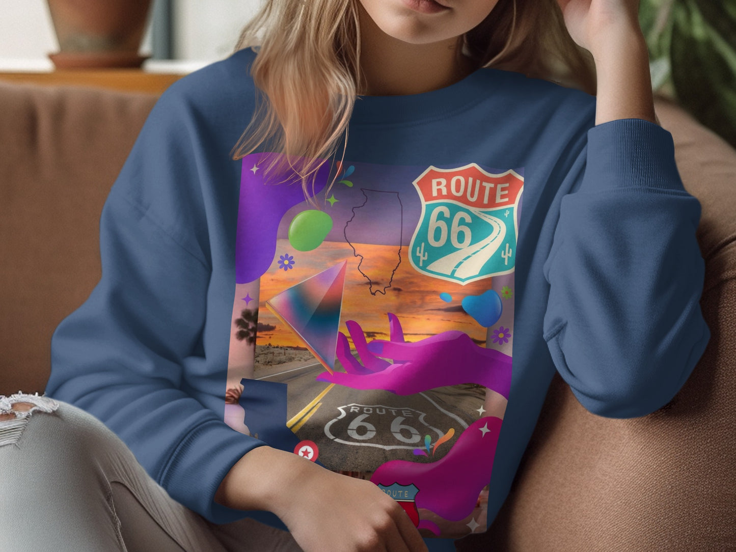 Sweatshirt with Route 66 graphic, road, and abstract shapes.