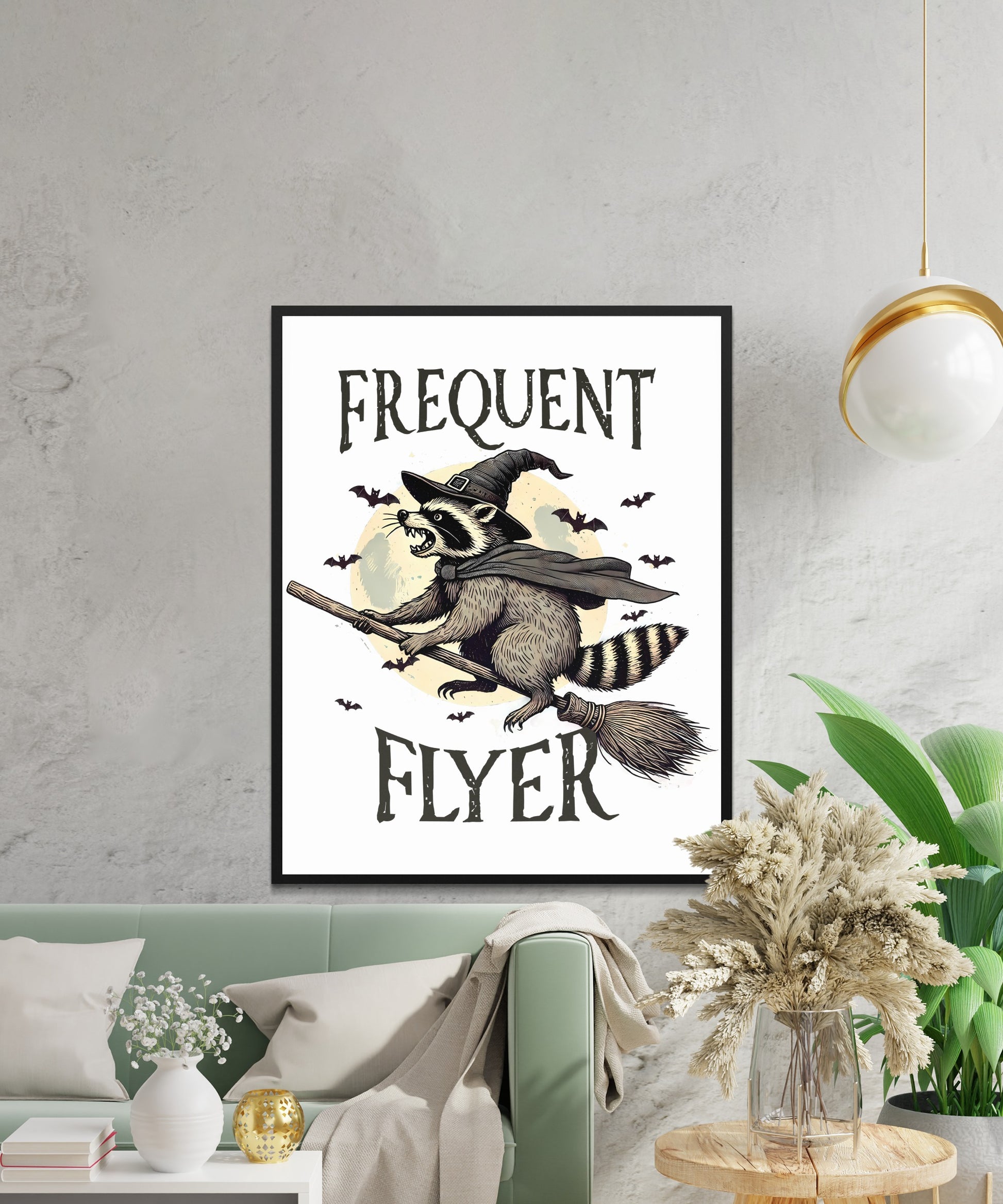 Frequent Flyer Raccoon on Broom Framed Art product type