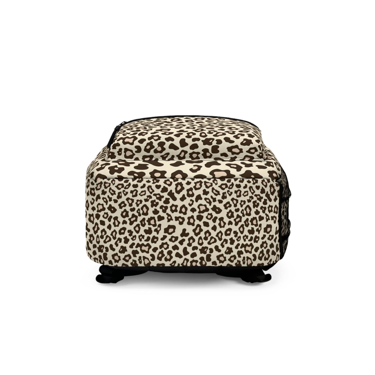 Backpack with a beige and black leopard print pattern on a white background.