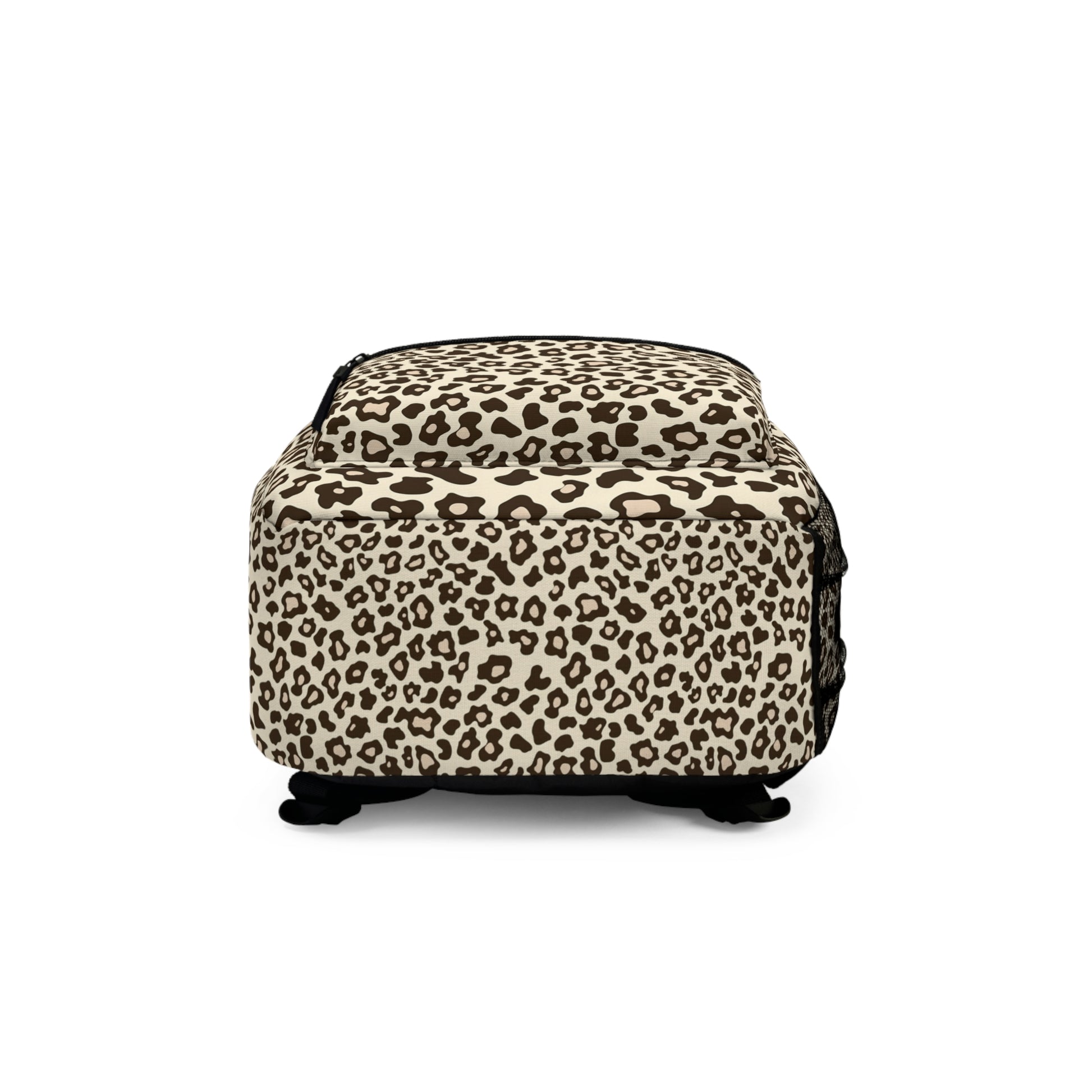 Backpack with a beige and black leopard print pattern on a white background.