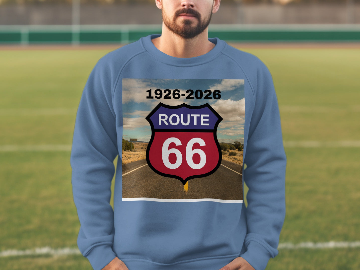 Route 66 shield logo on a blue sweatshirt.