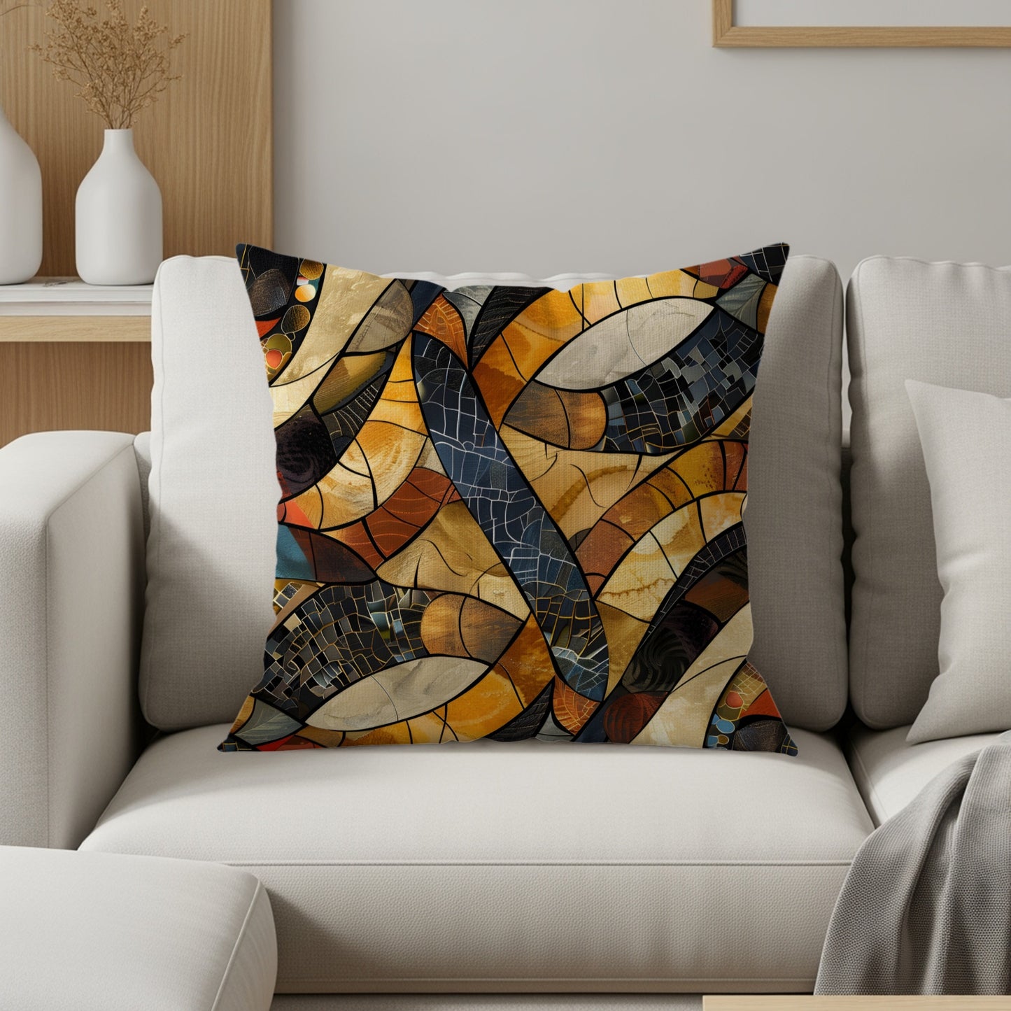 Sofa cushion with stained glass-style abstract pattern in warm earth tones.