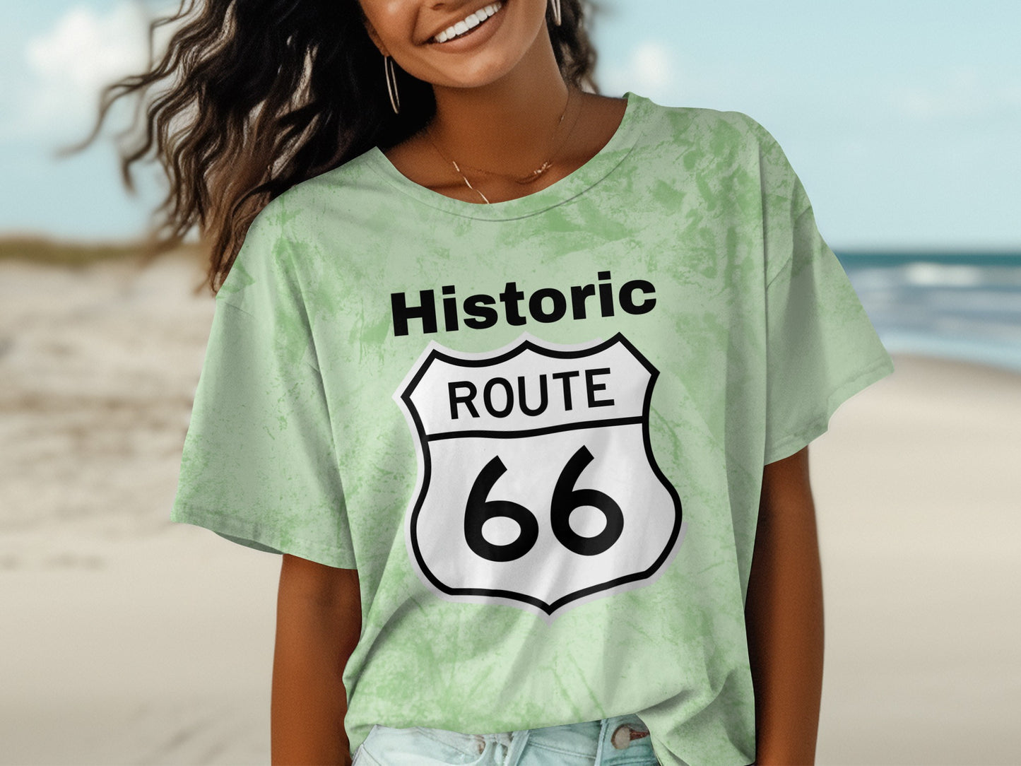 Green tie-dye t-shirt with "Historic Route 66" shield logo.