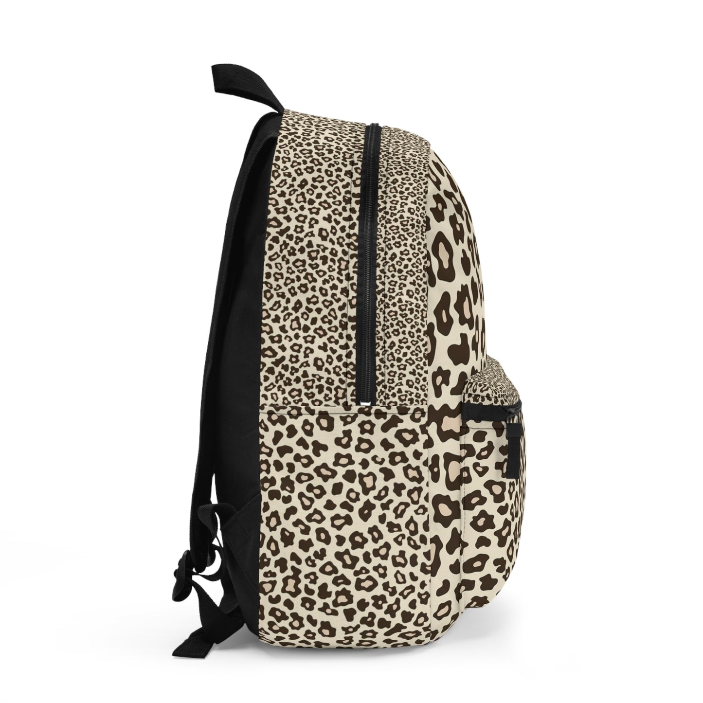 Backpack with black straps and a beige and brown leopard print pattern.