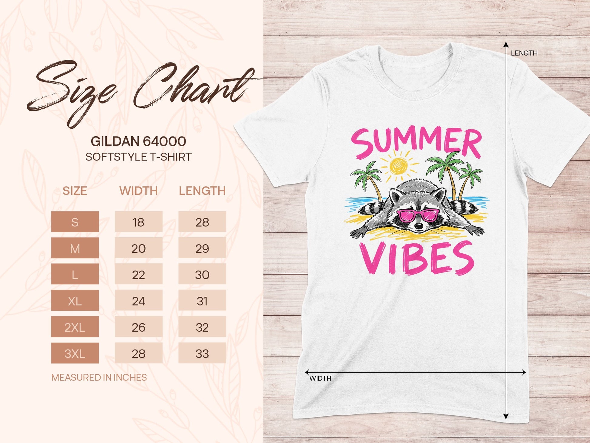Gildan 64000 softstyle t-shirt size chart with "Summer Vibes" graphic.