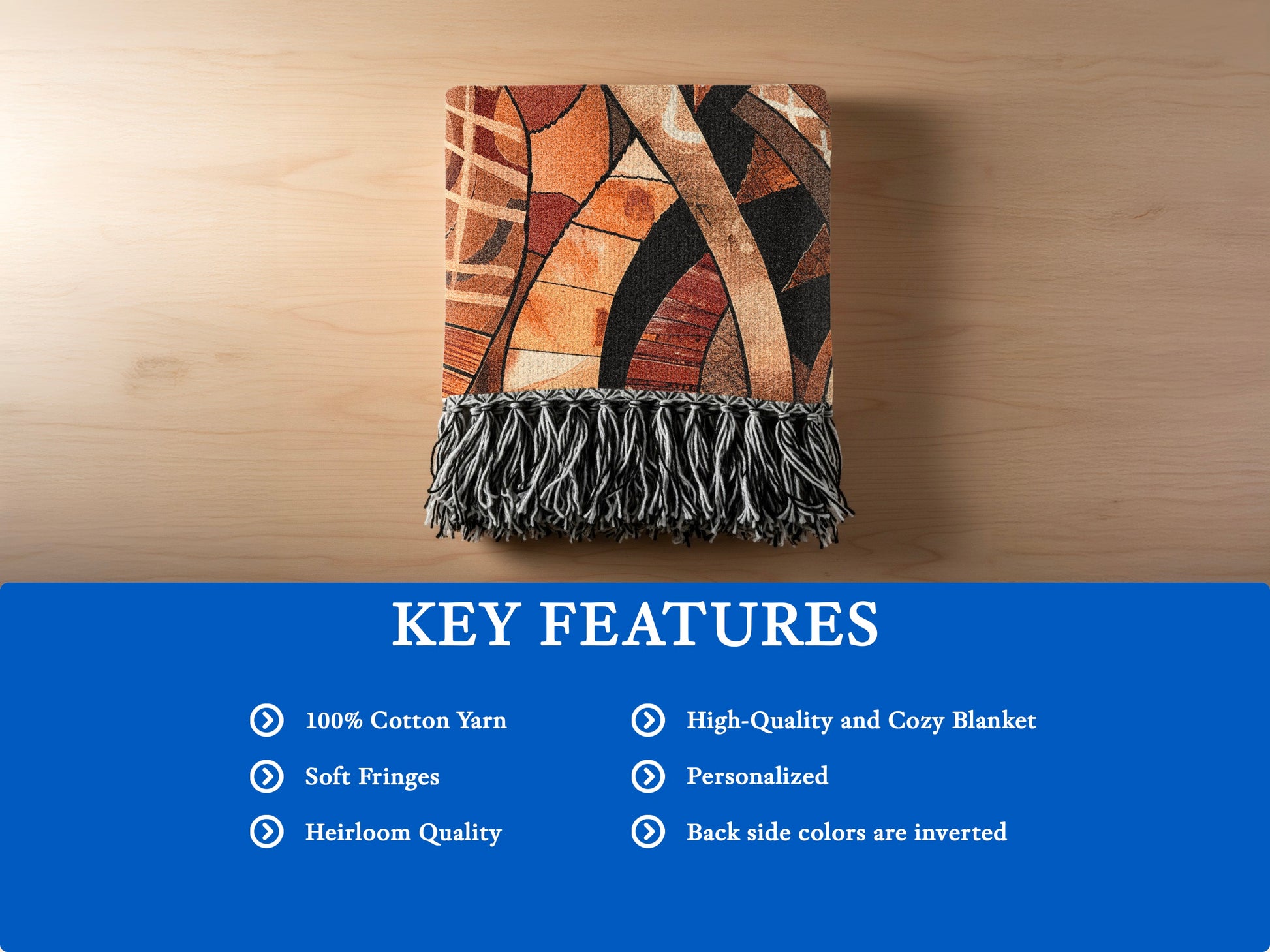 Woven blanket with abstract brown pattern and fringed edge, key features listed.