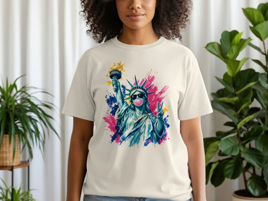 Statue of Liberty blowing pink bubble gum, wearing sunglasses, on a light t-shirt.