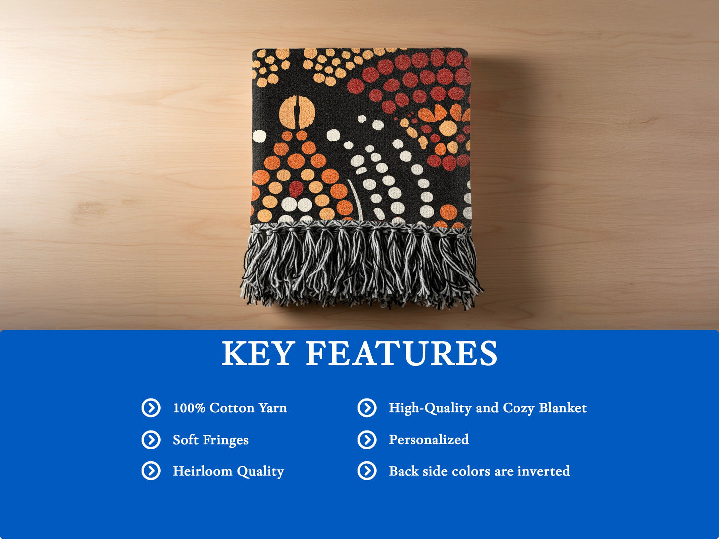 Black blanket with dotted pattern and fringed edge, listing key features.