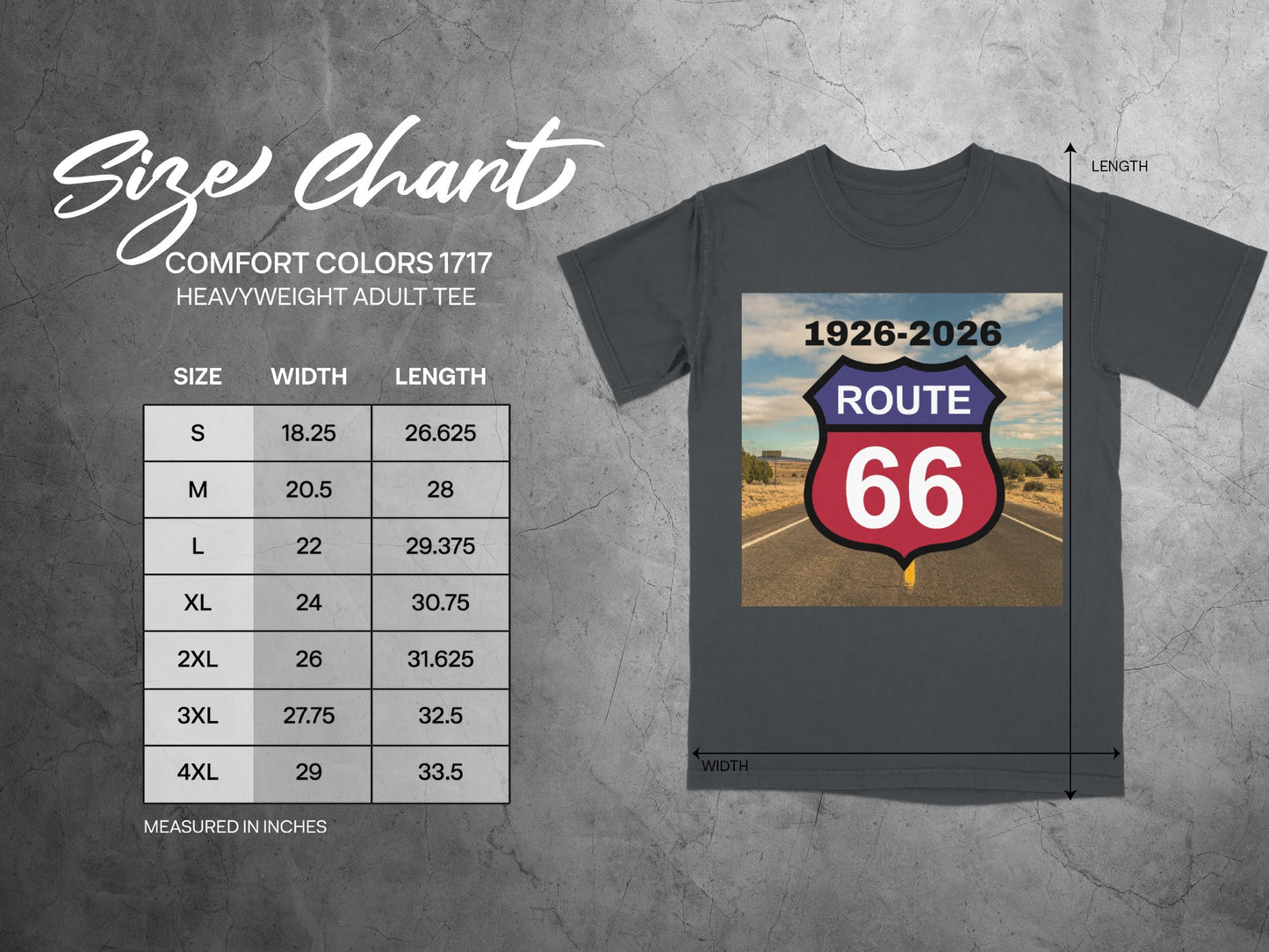 Comfort Colors 1717 size chart with Route 66 graphic.