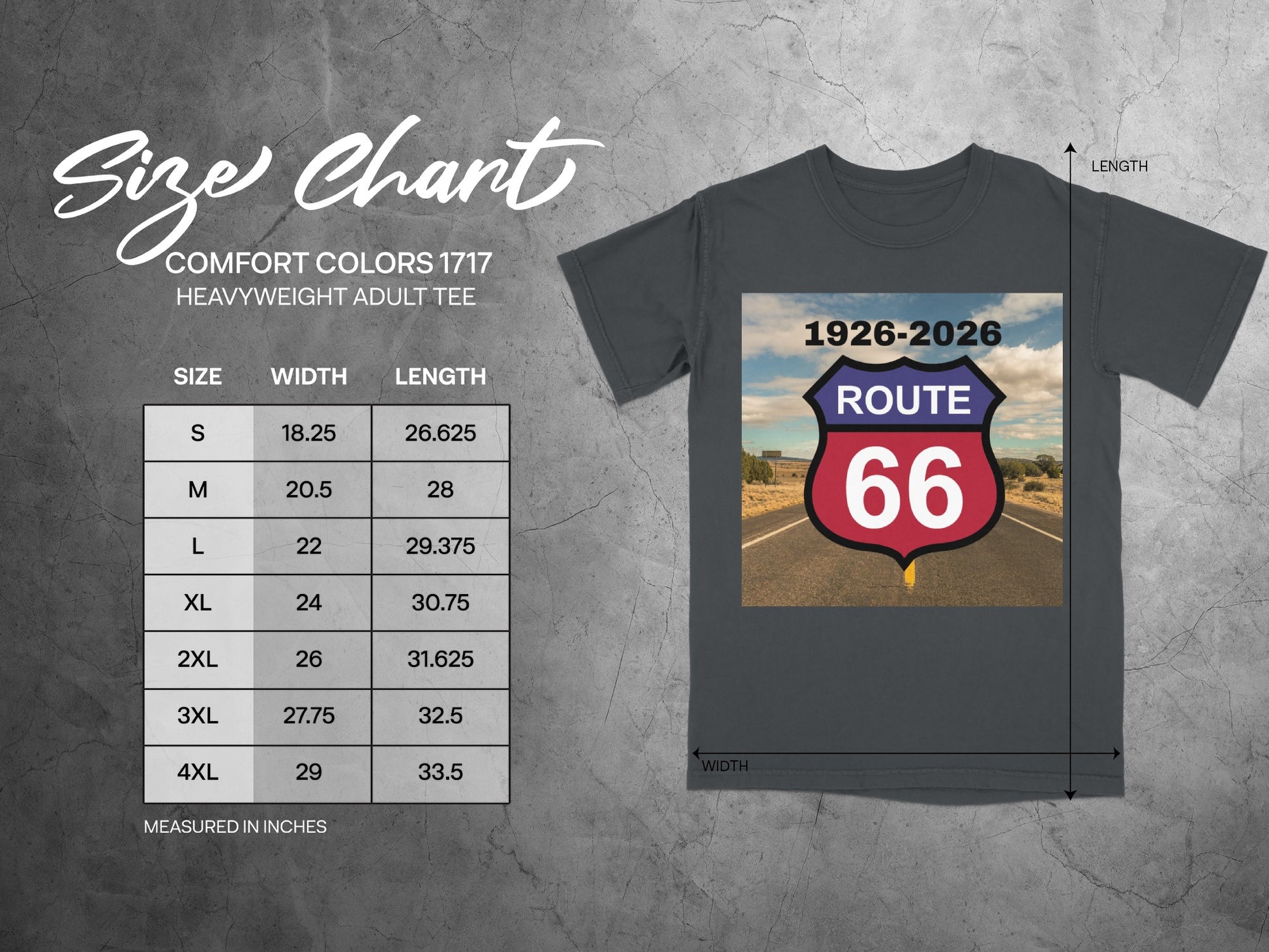 Comfort Colors 1717 size chart with Route 66 graphic.