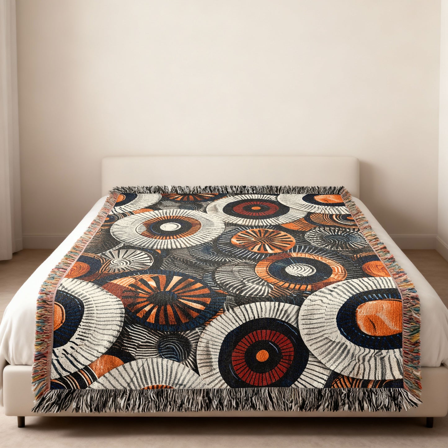 Woven throw blanket with abstract circular pattern in orange, blue, and cream.