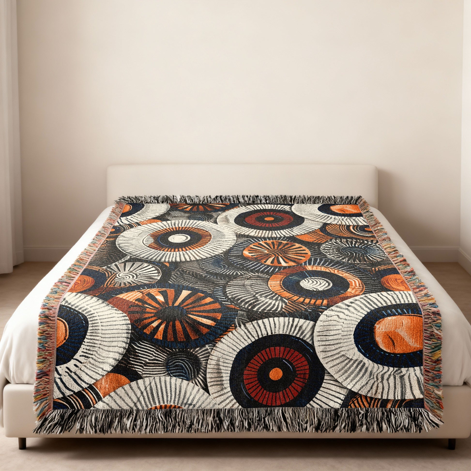 Woven throw blanket with abstract circular pattern in orange, blue, and cream.