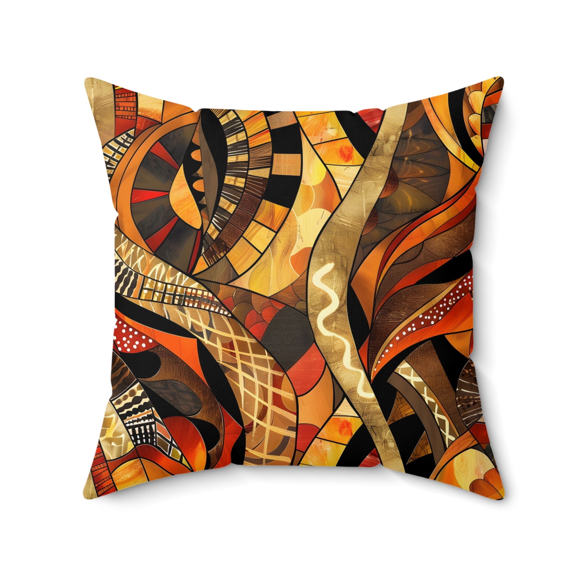 Abstract geometric pillow with warm earth tones and organic shapes.