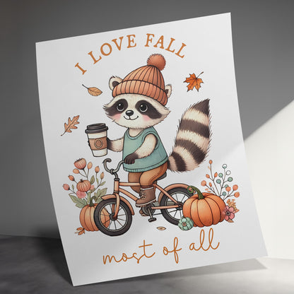 I Love Fall Cute Raccoon with Bicycle Poster product
