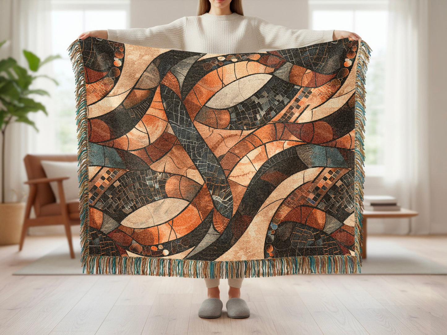 Woven blanket with abstract mosaic pattern in warm browns, grays, and blues, with fringed edges.
