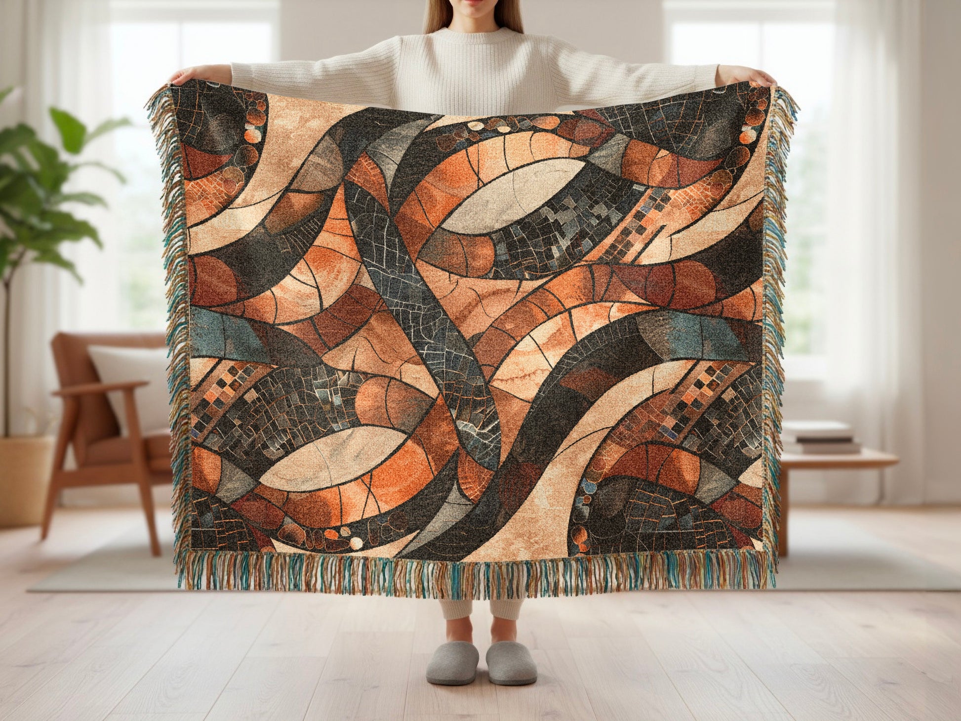Woven blanket with abstract mosaic pattern in warm browns, grays, and blues, with fringed edges.