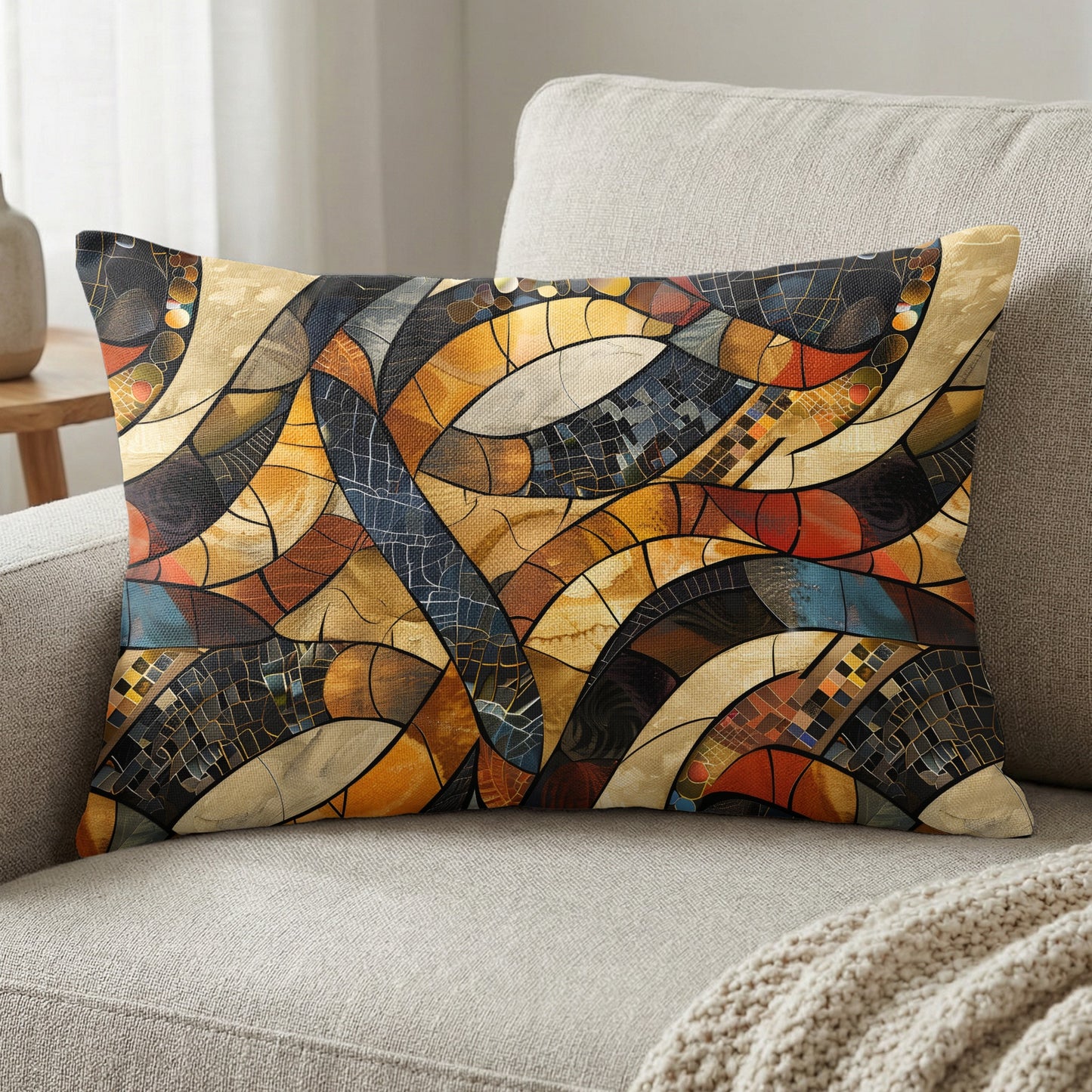 Rectangular pillow with abstract mosaic design in warm earthy tones.