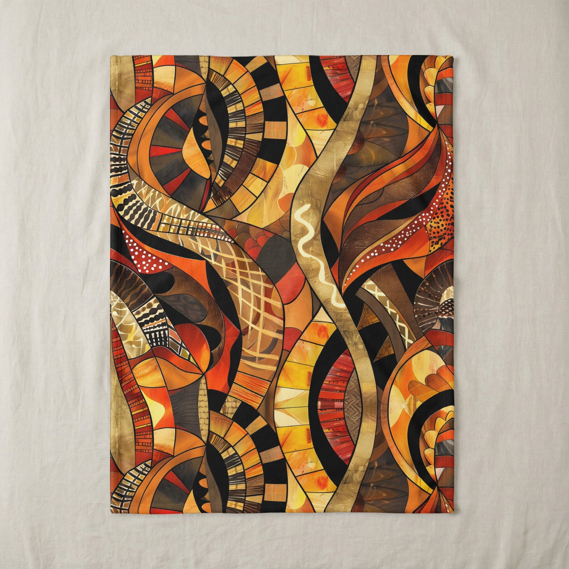 Abstract textile design with warm colors of orange, yellow, and brown in a layered pattern.