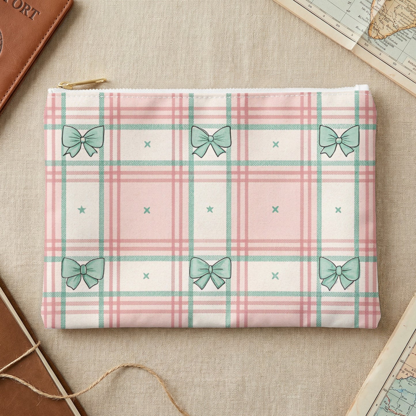 Plaid pouch with pink, mint green, and white stripes featuring teal bows and accents.