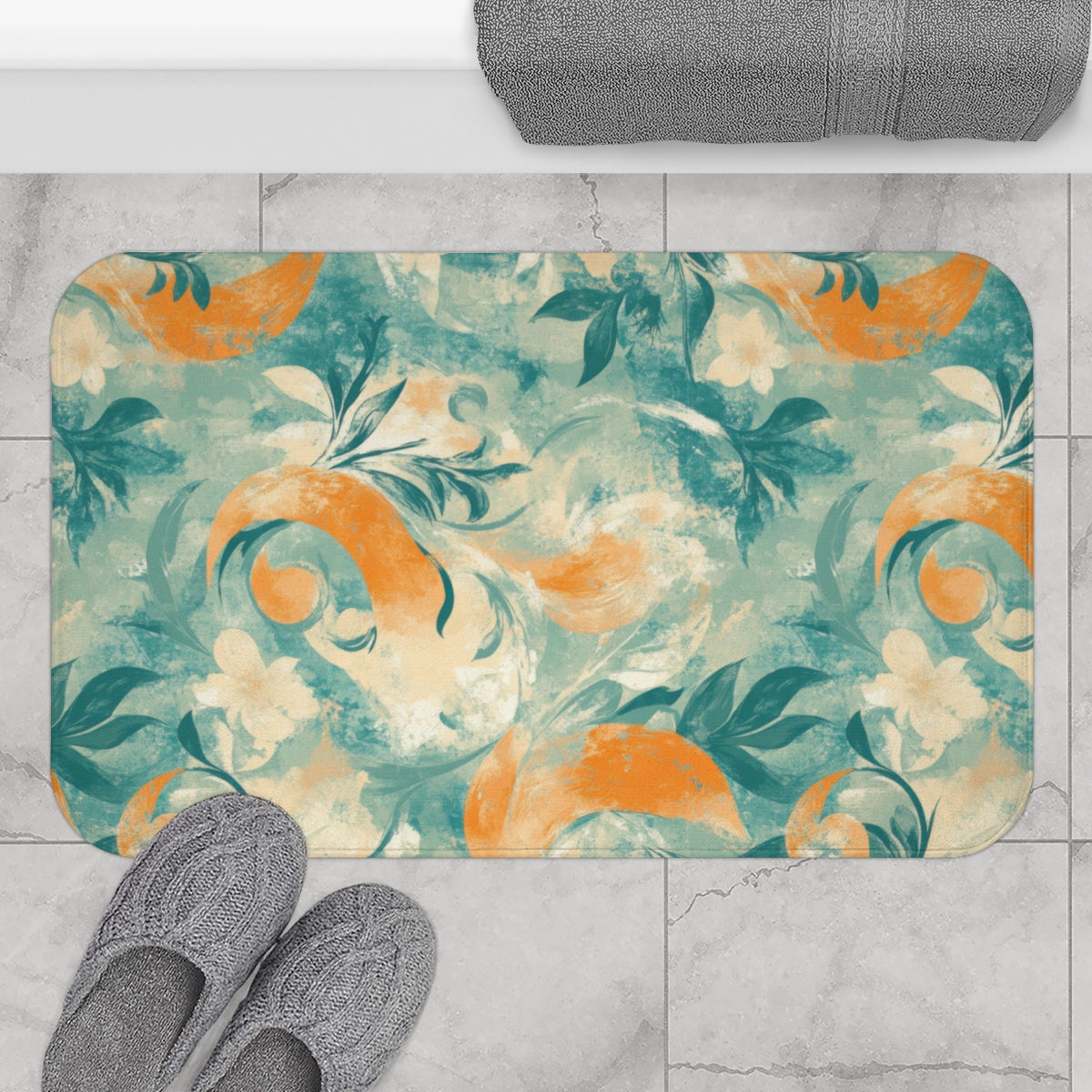 Abstract Orange and Green Floral Bathroom Mat
