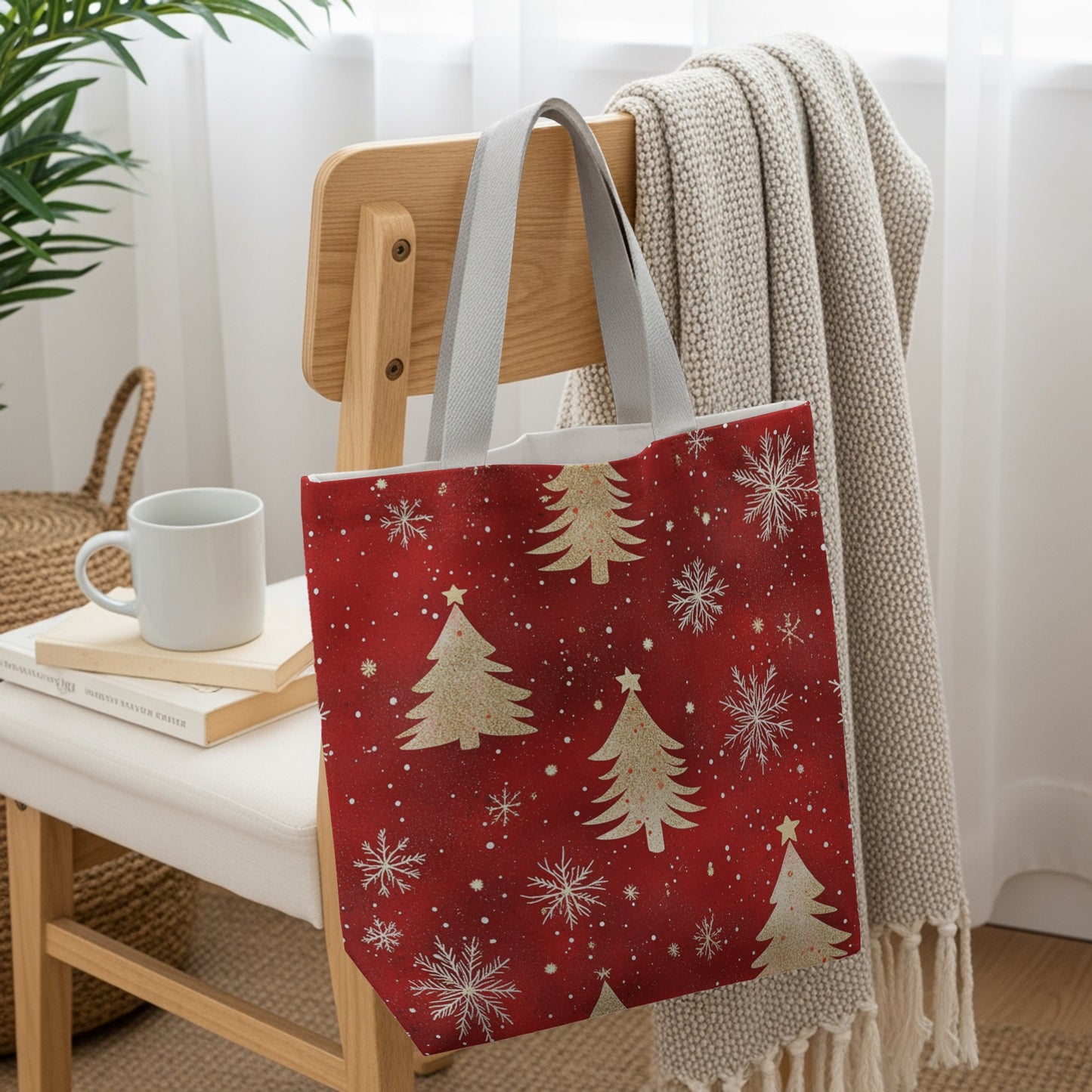 Festive Red Tote Bag with Christmas Tree Designs