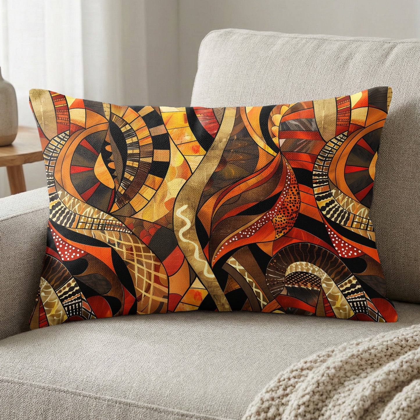 Rectangular pillow with abstract, geometric pattern in warm earthy tones.