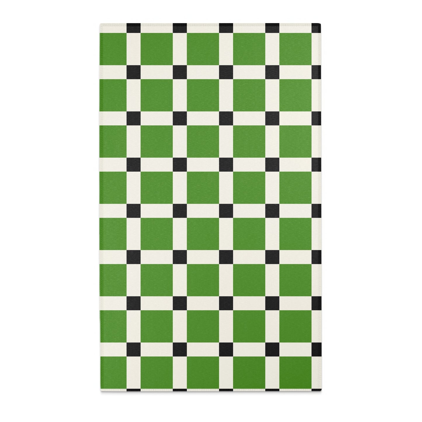 Green, white, and black checkered pattern on a rectangular mat.
