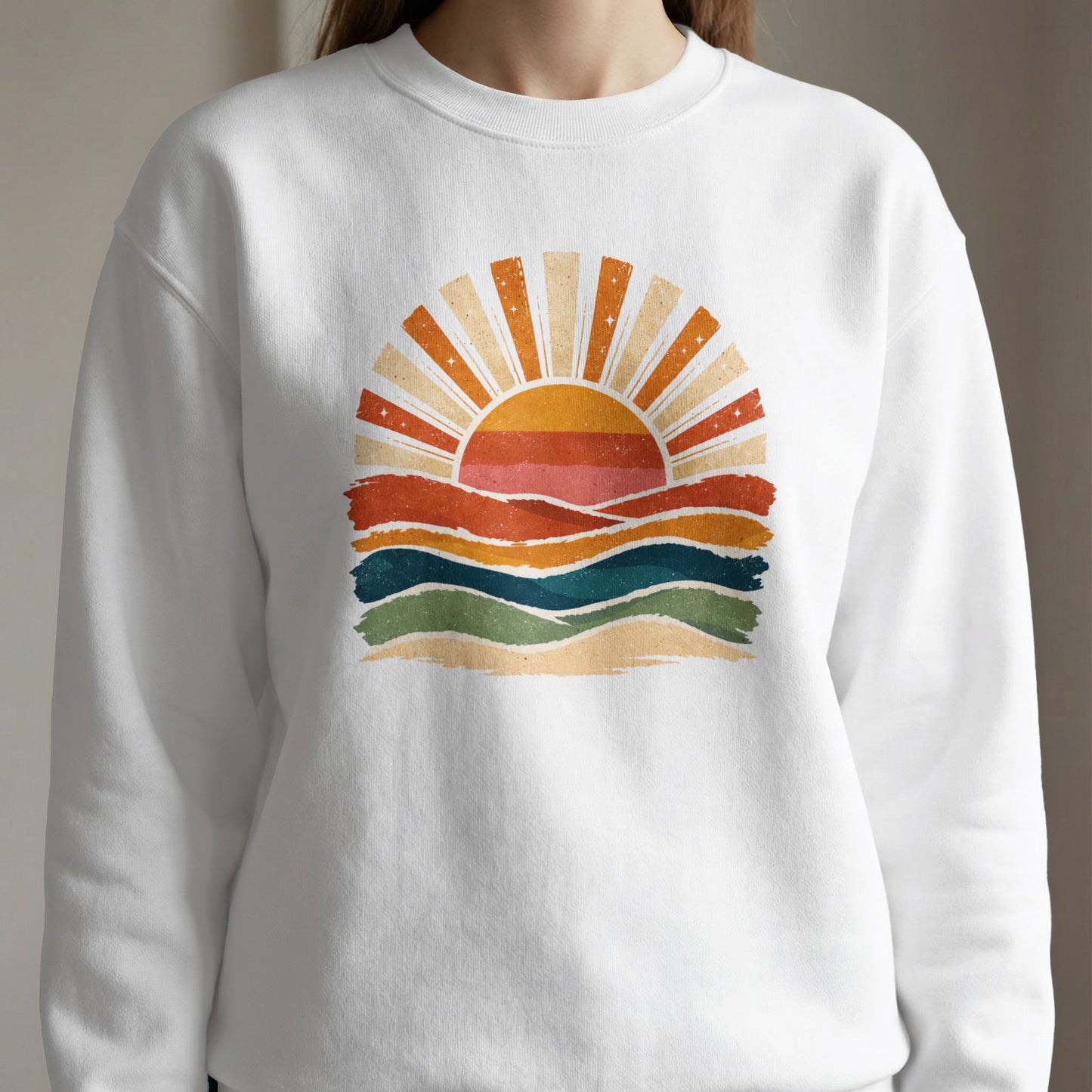 Sweatshirt with retro sunset and wavy lines graphic.