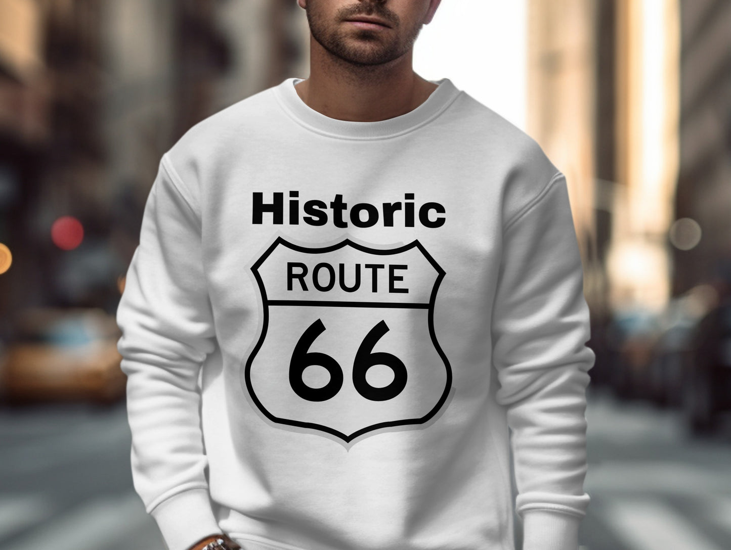 White sweatshirt with "Historic Route 66" shield logo.