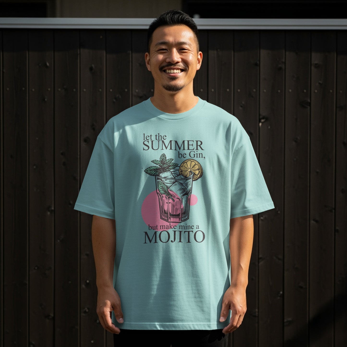 Light blue t-shirt with "Let the Summer be Gin, but make mine a Mojito" text and mojito graphic.
