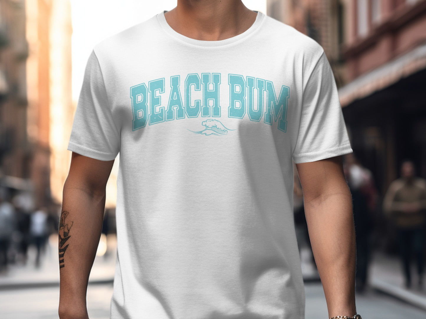 White t-shirt with light blue "BEACH BUM" text and wave graphic.
