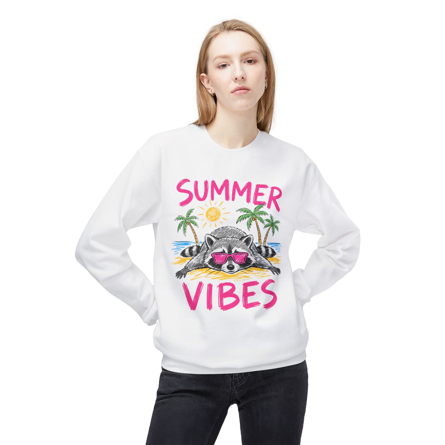 White sweatshirt with raccoon wearing sunglasses and "Summer Vibes" text.