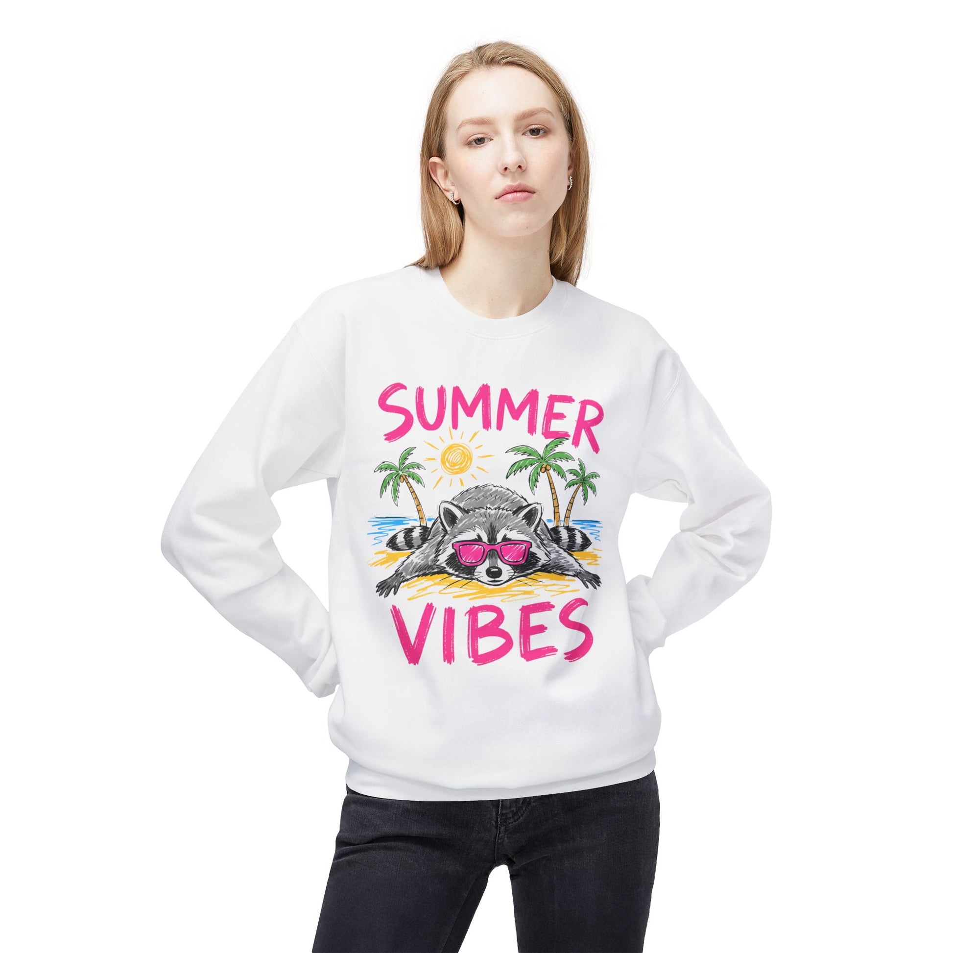 White sweatshirt with raccoon wearing sunglasses and "Summer Vibes" text.