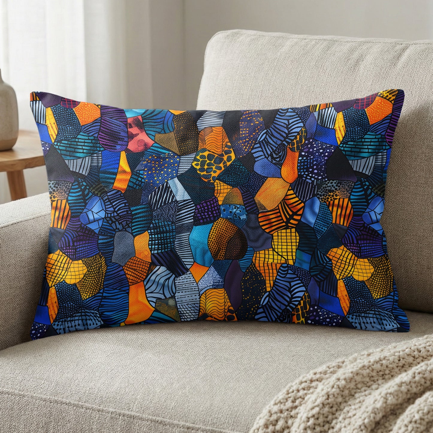 Rectangular pillow with a colorful patchwork fabric design in blues, oranges, and yellows.