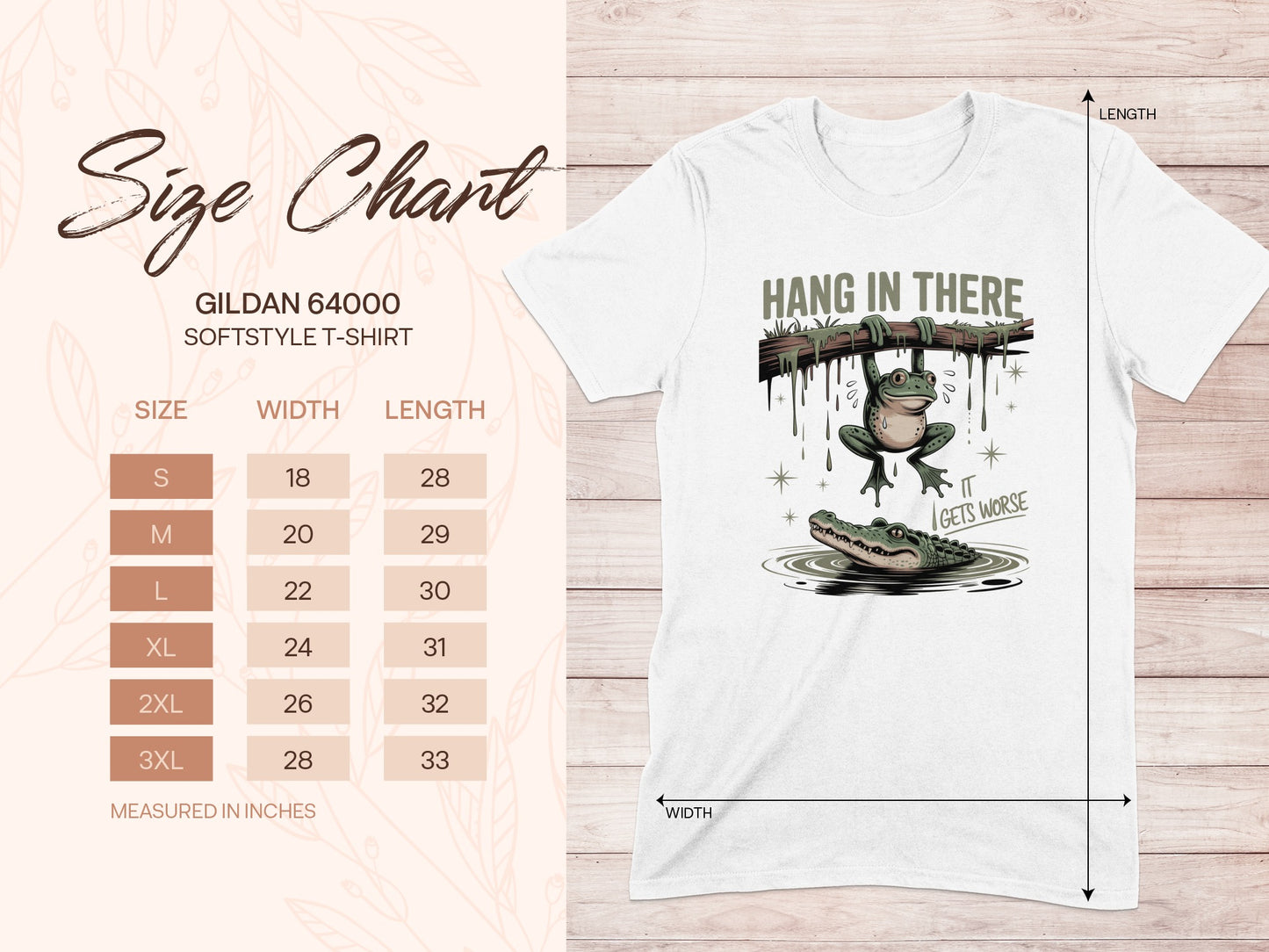 Gildan 64000 t-shirt size chart with a graphic of a frog and alligator.