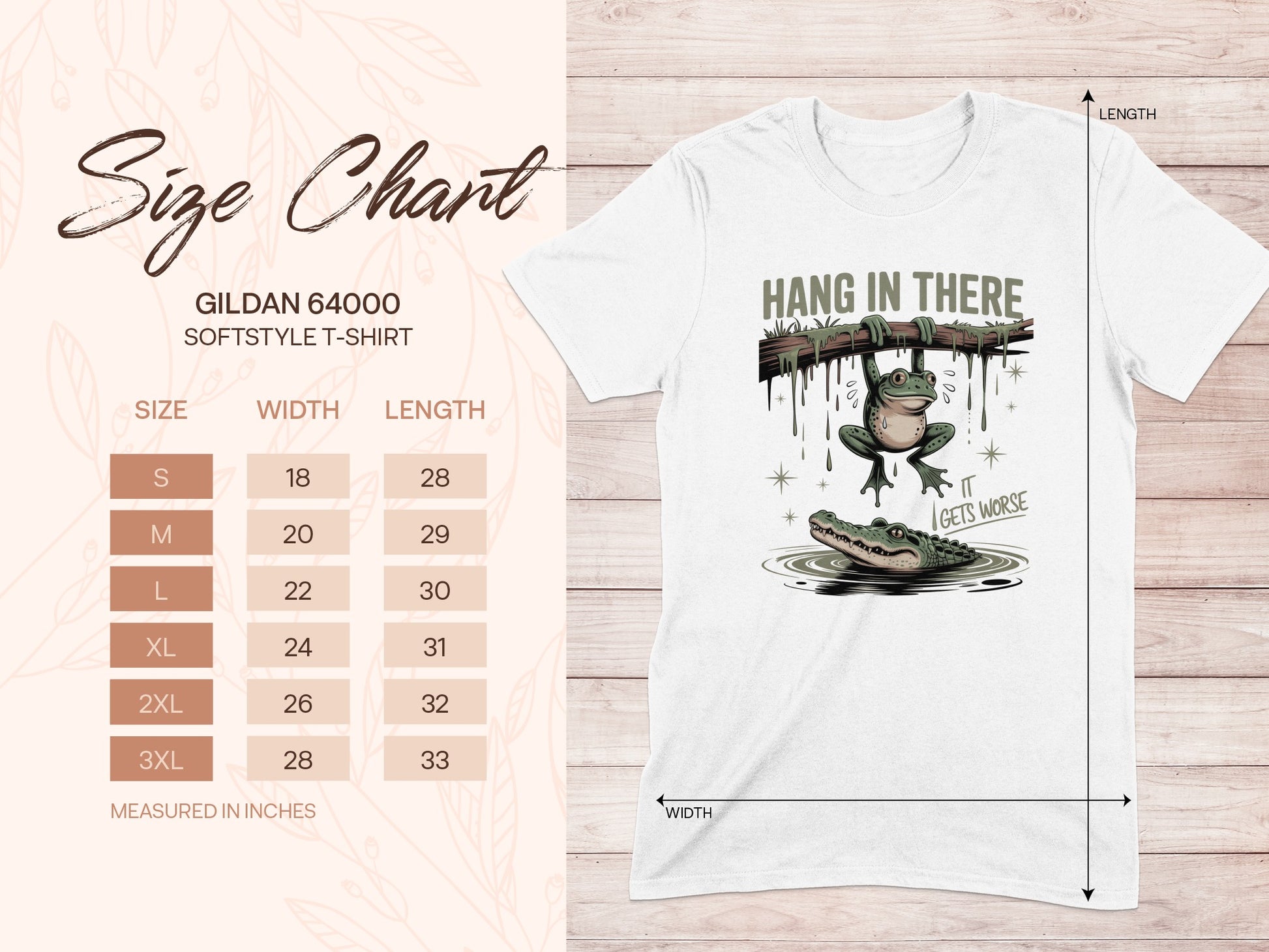 Gildan 64000 t-shirt size chart with a graphic of a frog and alligator.