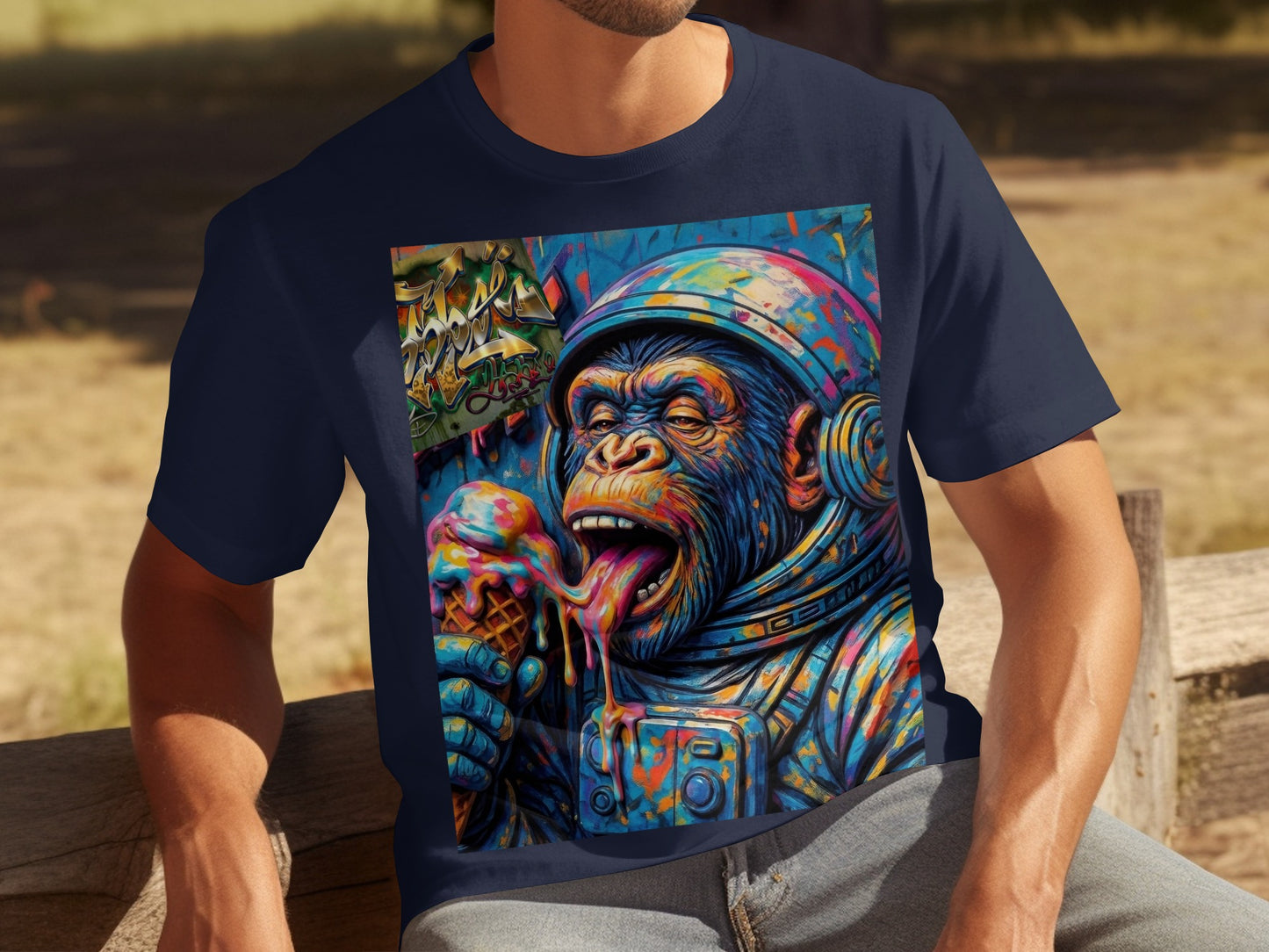 Astronaut monkey with helmet eating dripping ice cream cone.