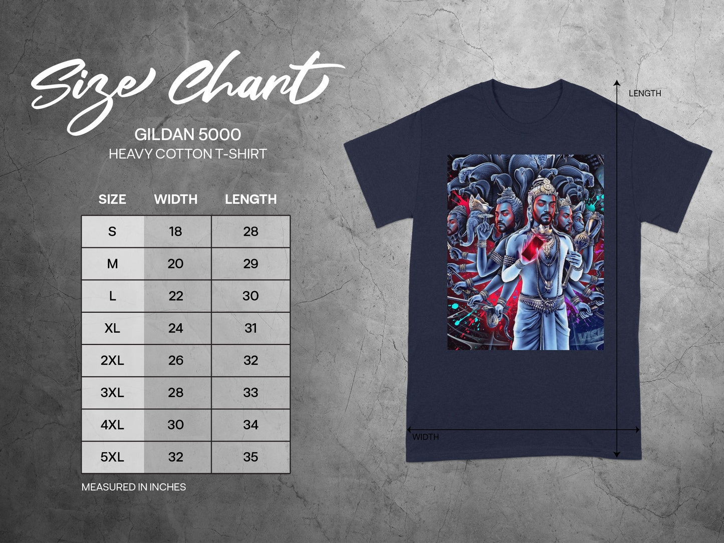 Gildan 5000 heavy cotton t-shirt size chart with measurements in inches.