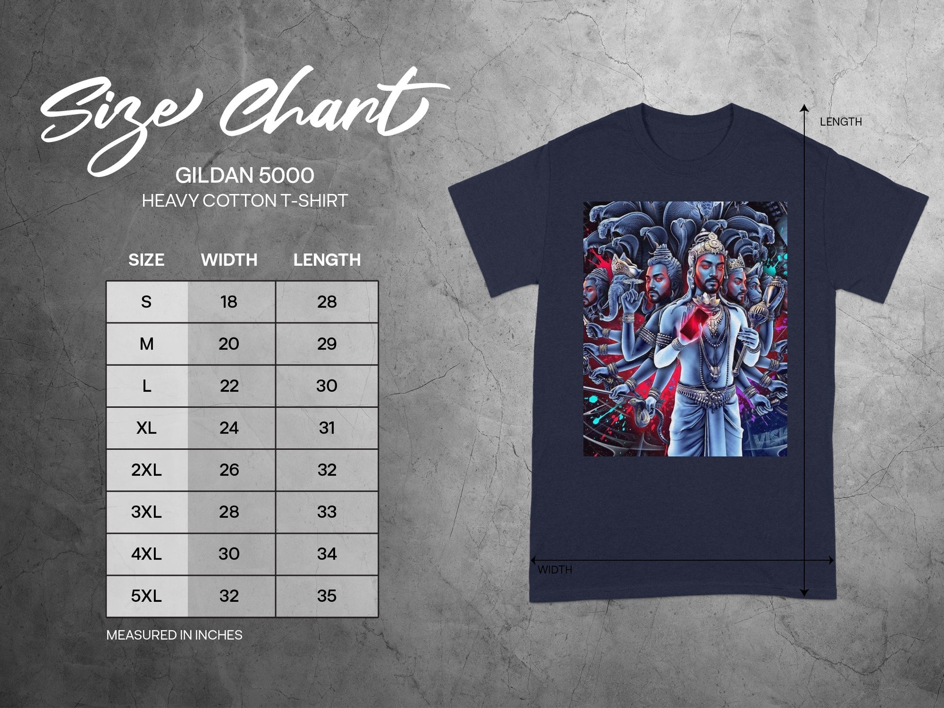Gildan 5000 heavy cotton t-shirt size chart with measurements in inches.