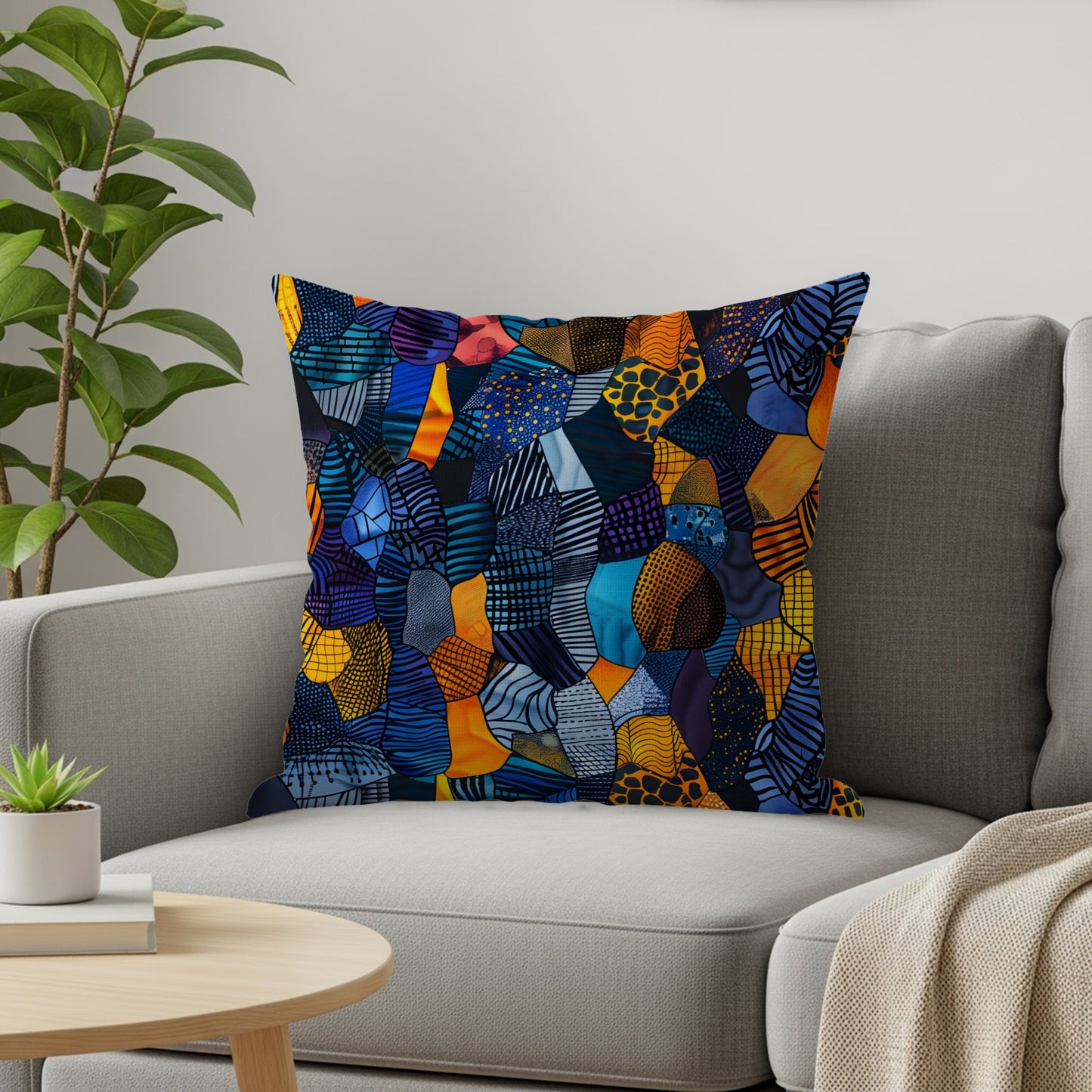 Throw pillow with a colorful abstract patchwork design of geometric shapes and patterns.
