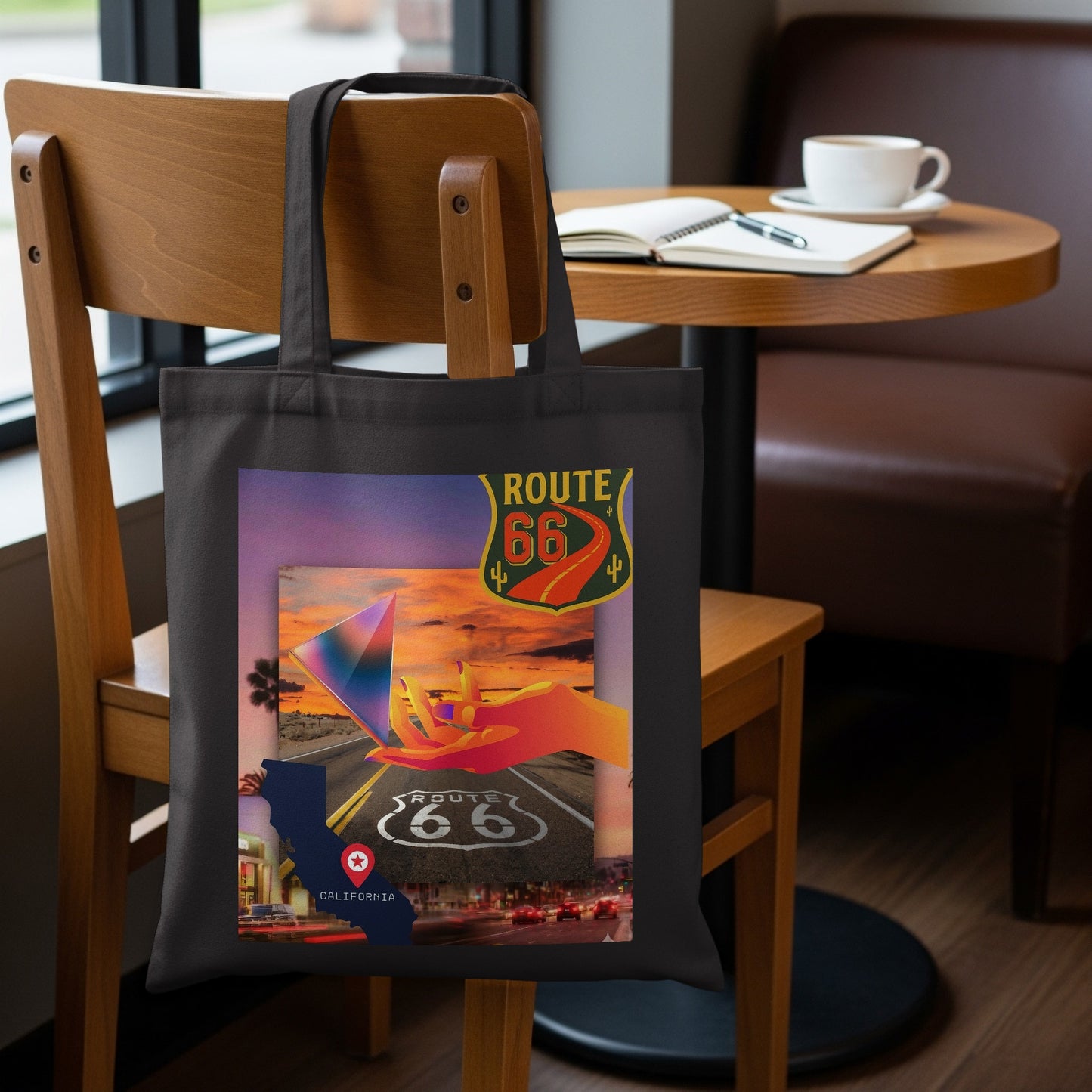 Tote bag with Route 66 and California graphic, set on a chair.